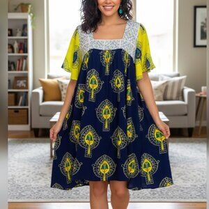 Tricia Fix colorful Square neck short sleeve BOHO Retro Mod dress, sz L